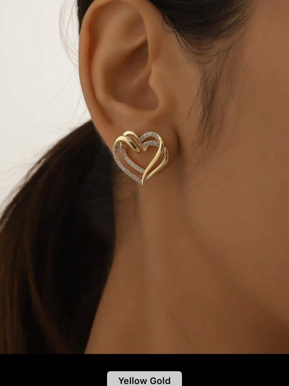 Yellow Gold Heart Stud Earrings with Pavé Accents